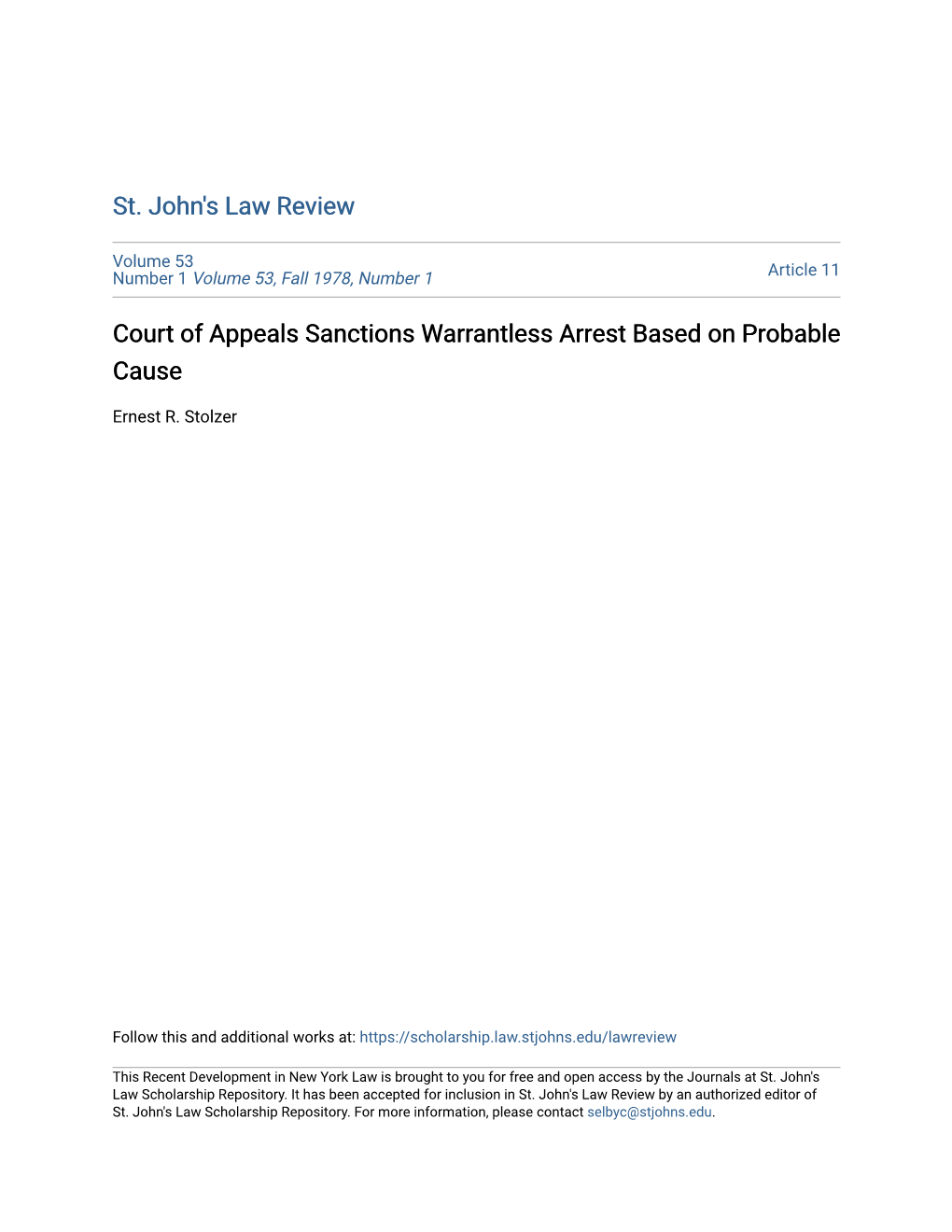 Court of Appeals Sanctions Warrantless Arrest Based on Probable Cause