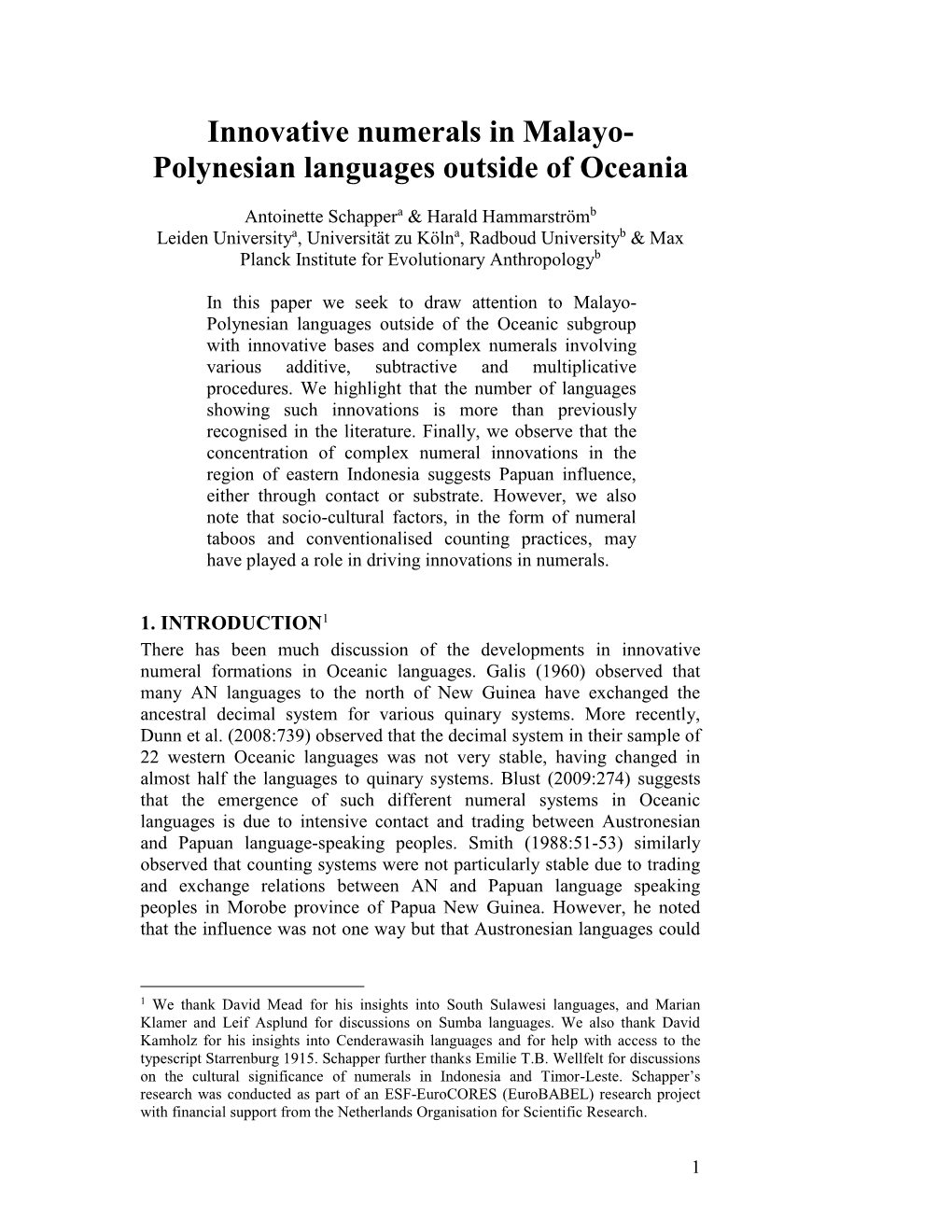 Innovative Numerals in Malayo- Polynesian Languages Outside of Oceania