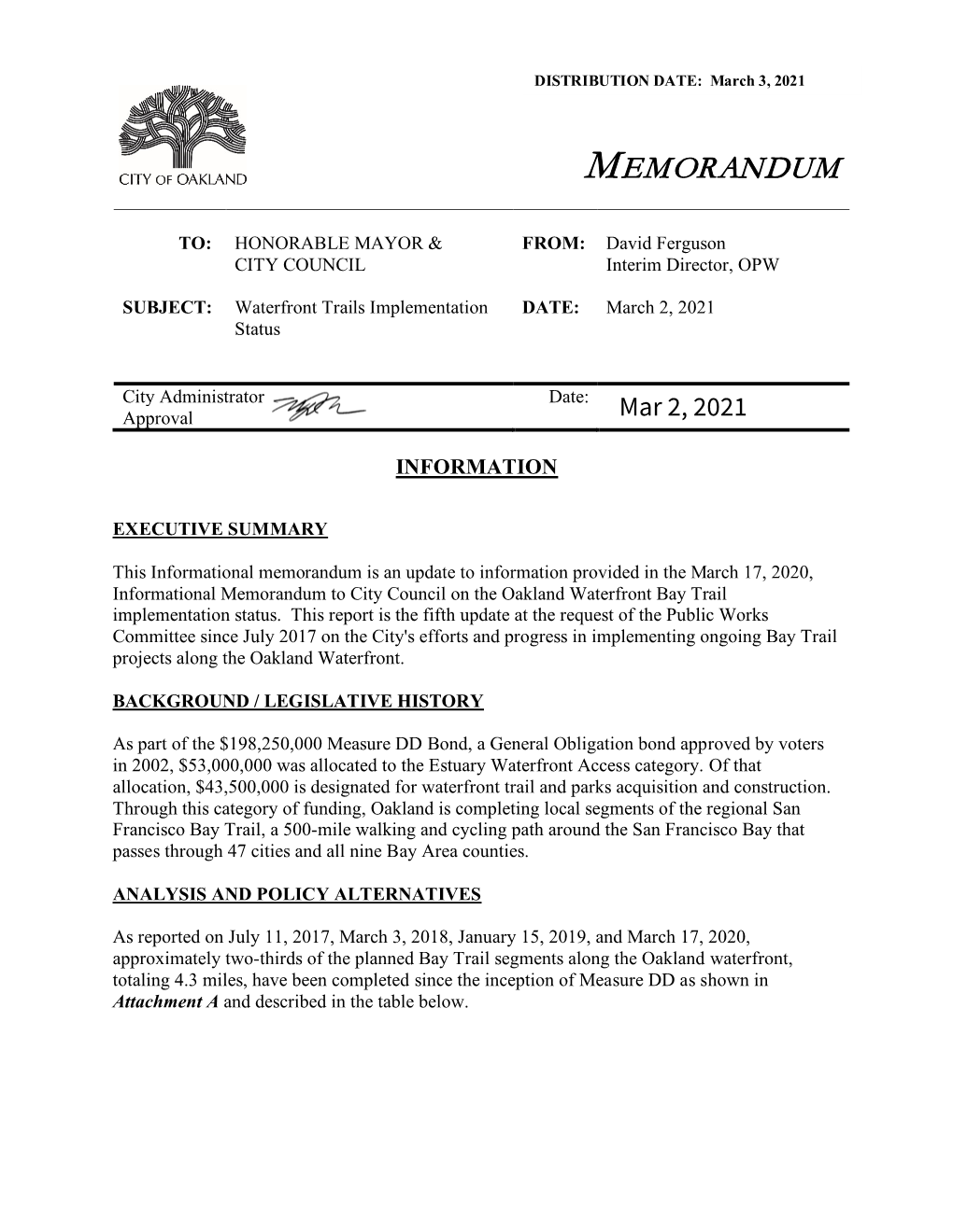 Waterfront Trails Implementation Status Date: March 1, 2021 Page 2