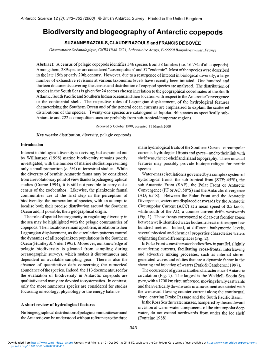 Biodiversity and Biogeography of Antarctic Copepods