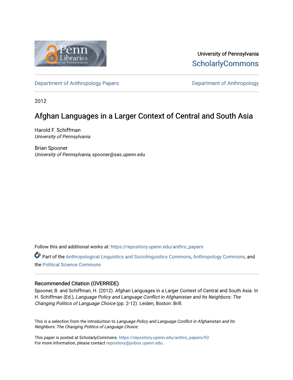 Afghan Languages in a Larger Context of Central and South Asia