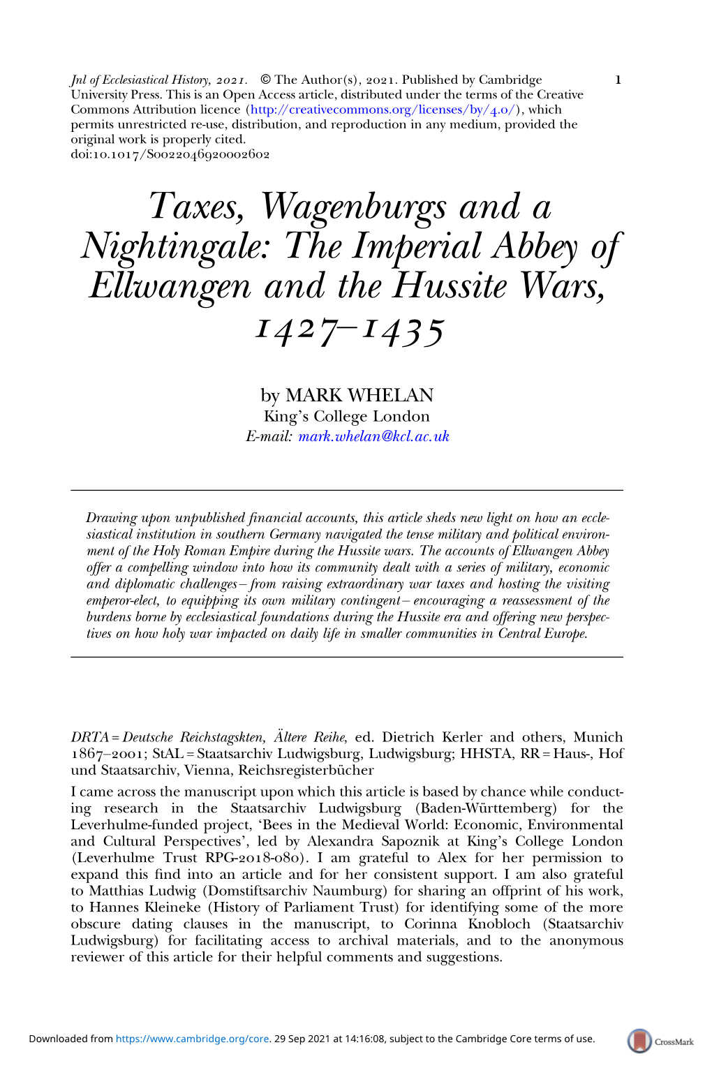 Taxes, Wagenburgs and a Nightingale: the Imperial Abbey of Ellwangen and the Hussite Wars, –