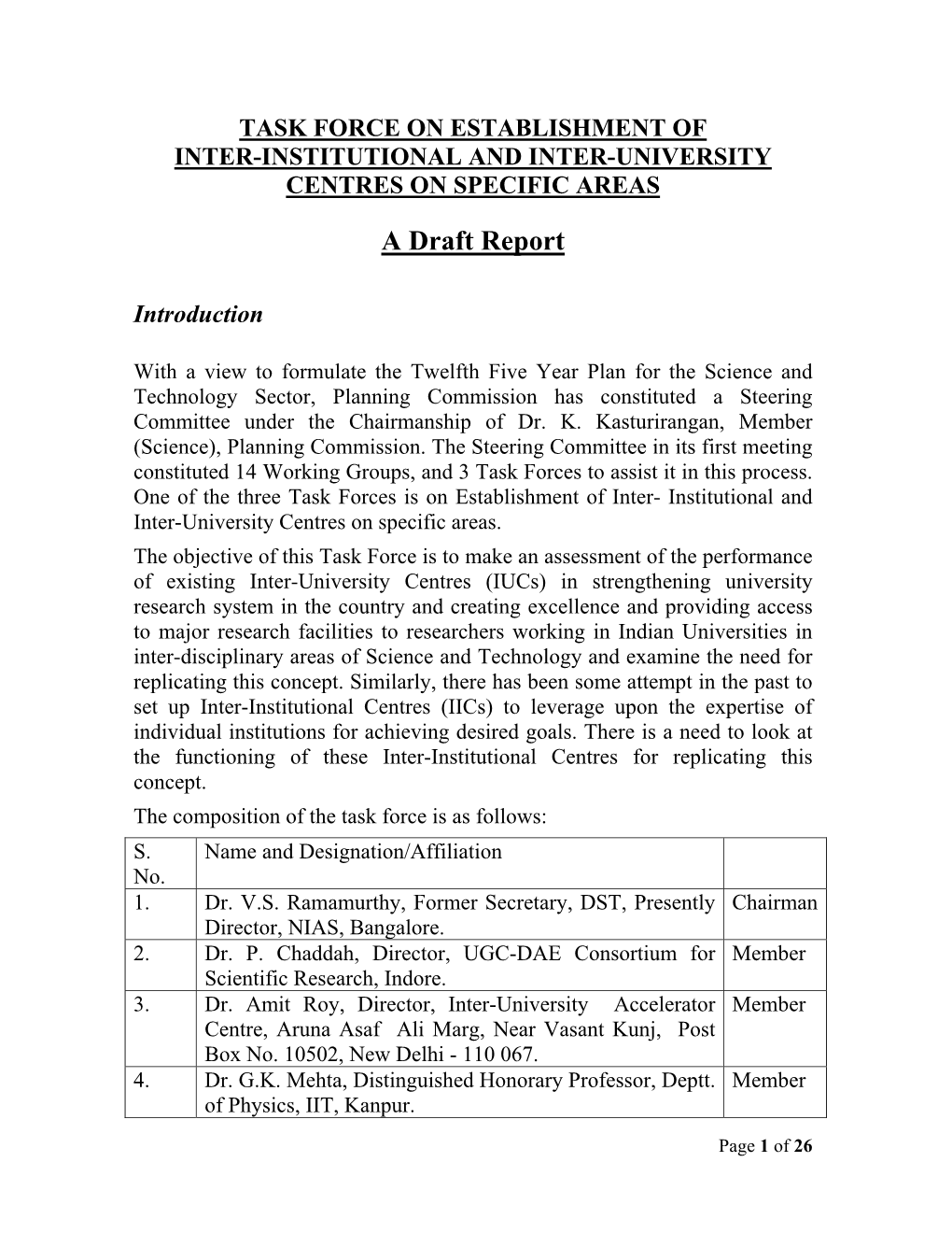 Task Force on Establishment of Inter-Institutional and Inter-University Centres on Specific Areas