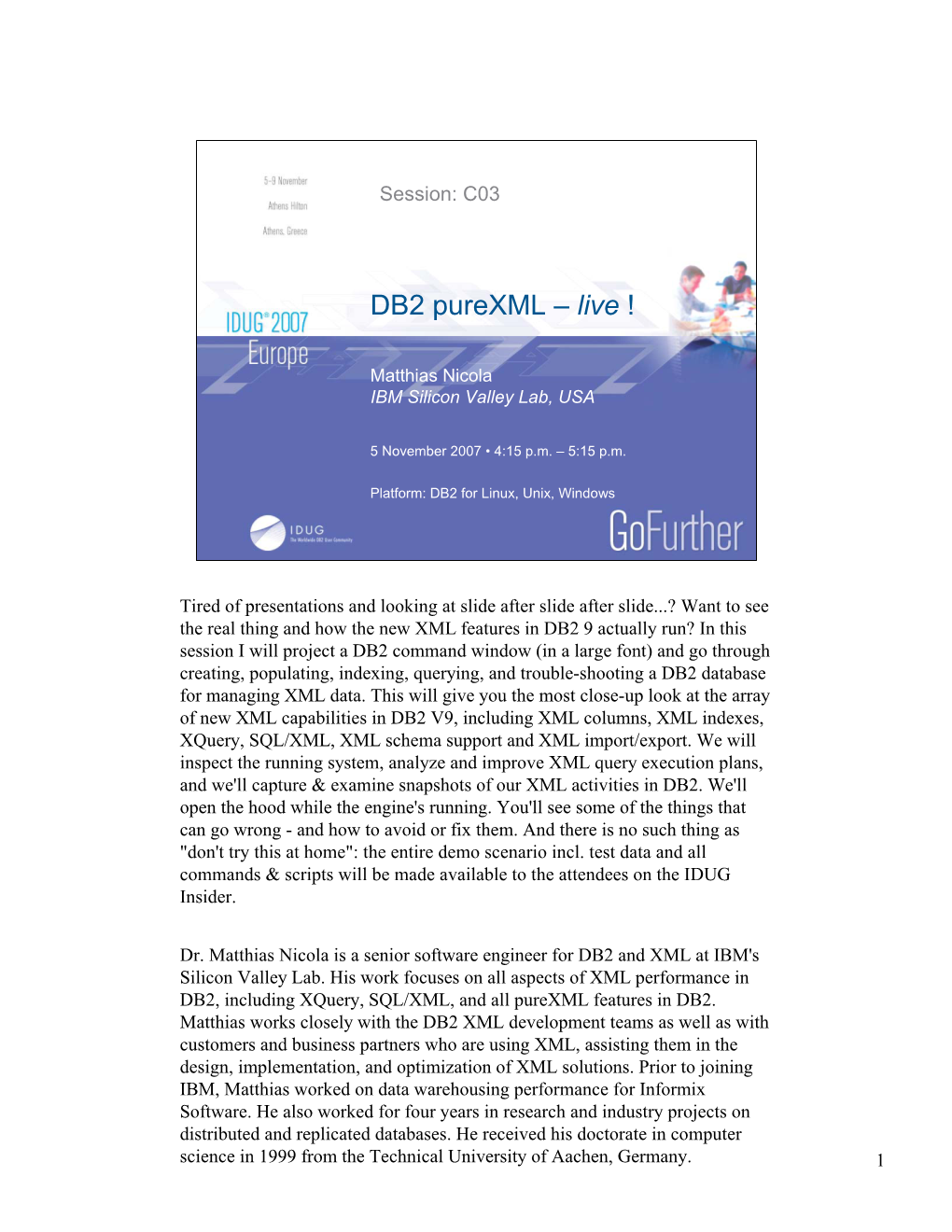 IDUG EU 2007 Matthias Nicola: DB2 Purexml