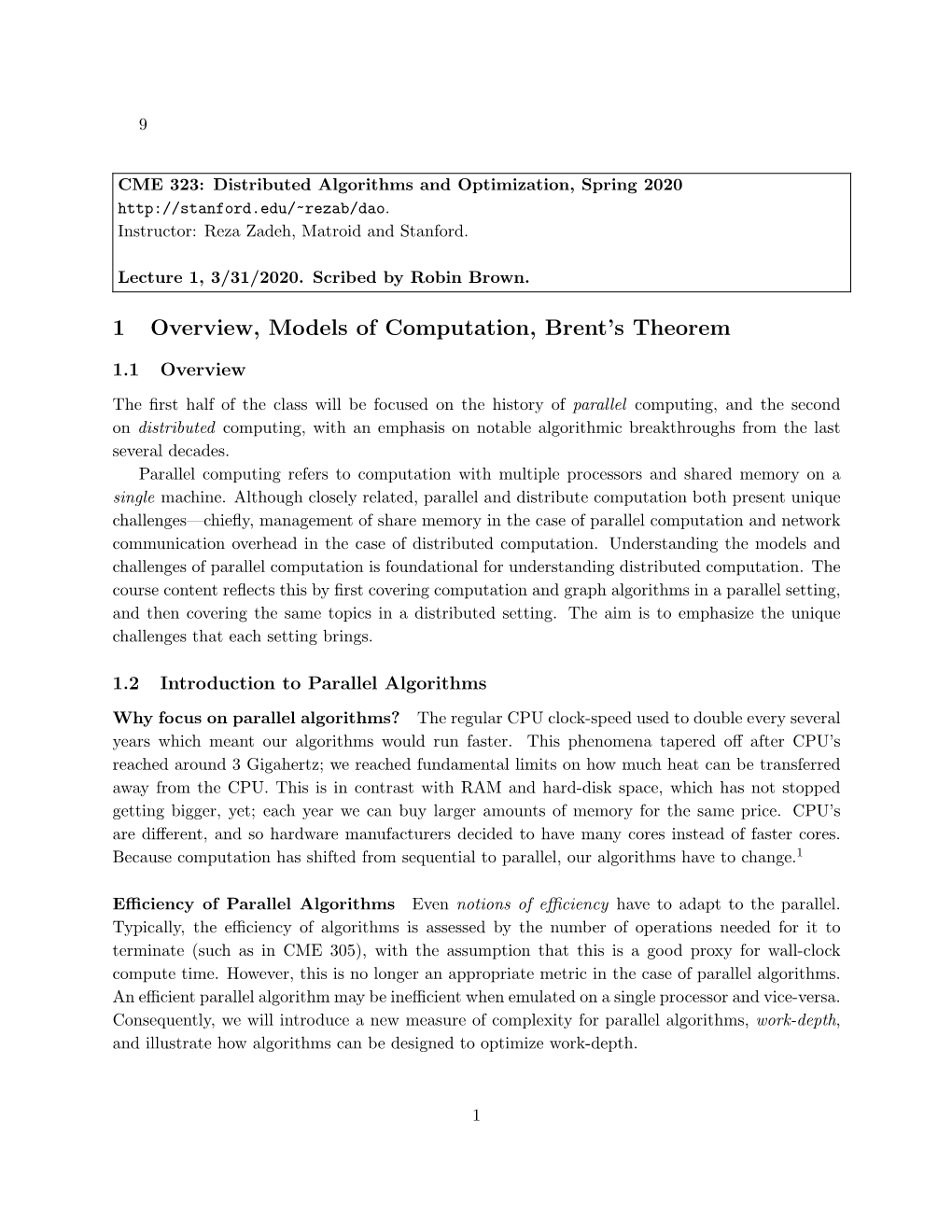 1 Overview, Models of Computation, Brent's Theorem