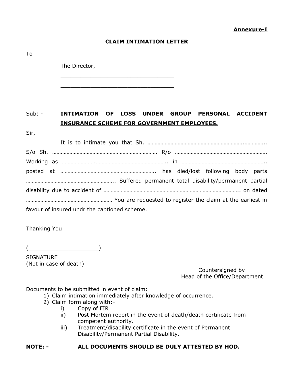 Claim Intimation Letter