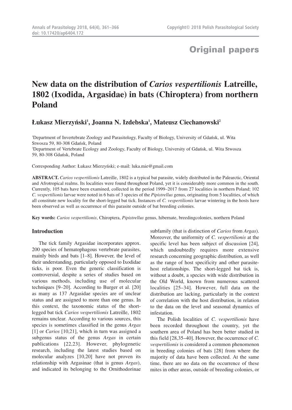 Original Papers New Data on the Distribution of Carios Vespertilionis Latreille, 1802 (Ixodida, Argasidae) in Bats (Chiroptera)