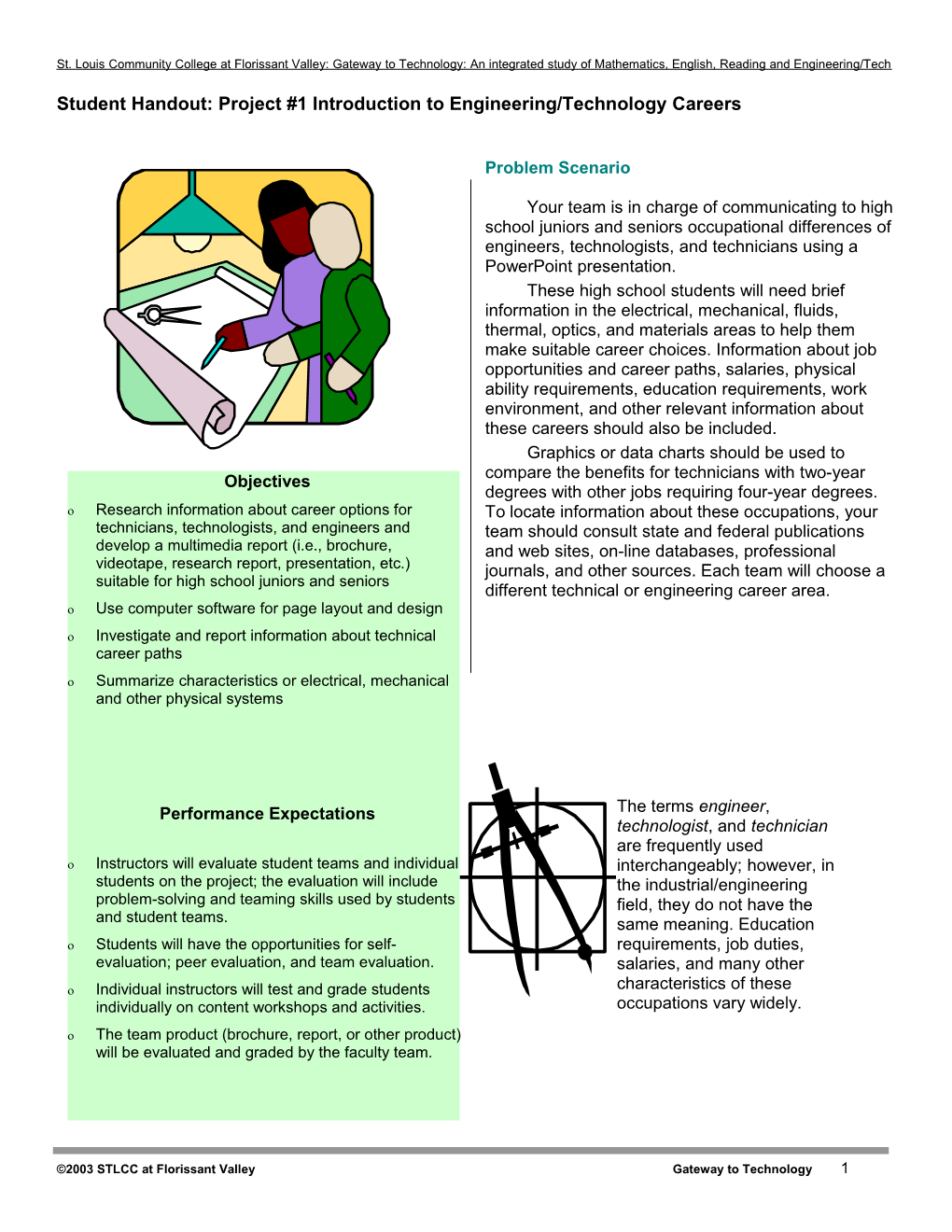 Student Handout: Project #1 Introduction To Engineering/Technology Careers