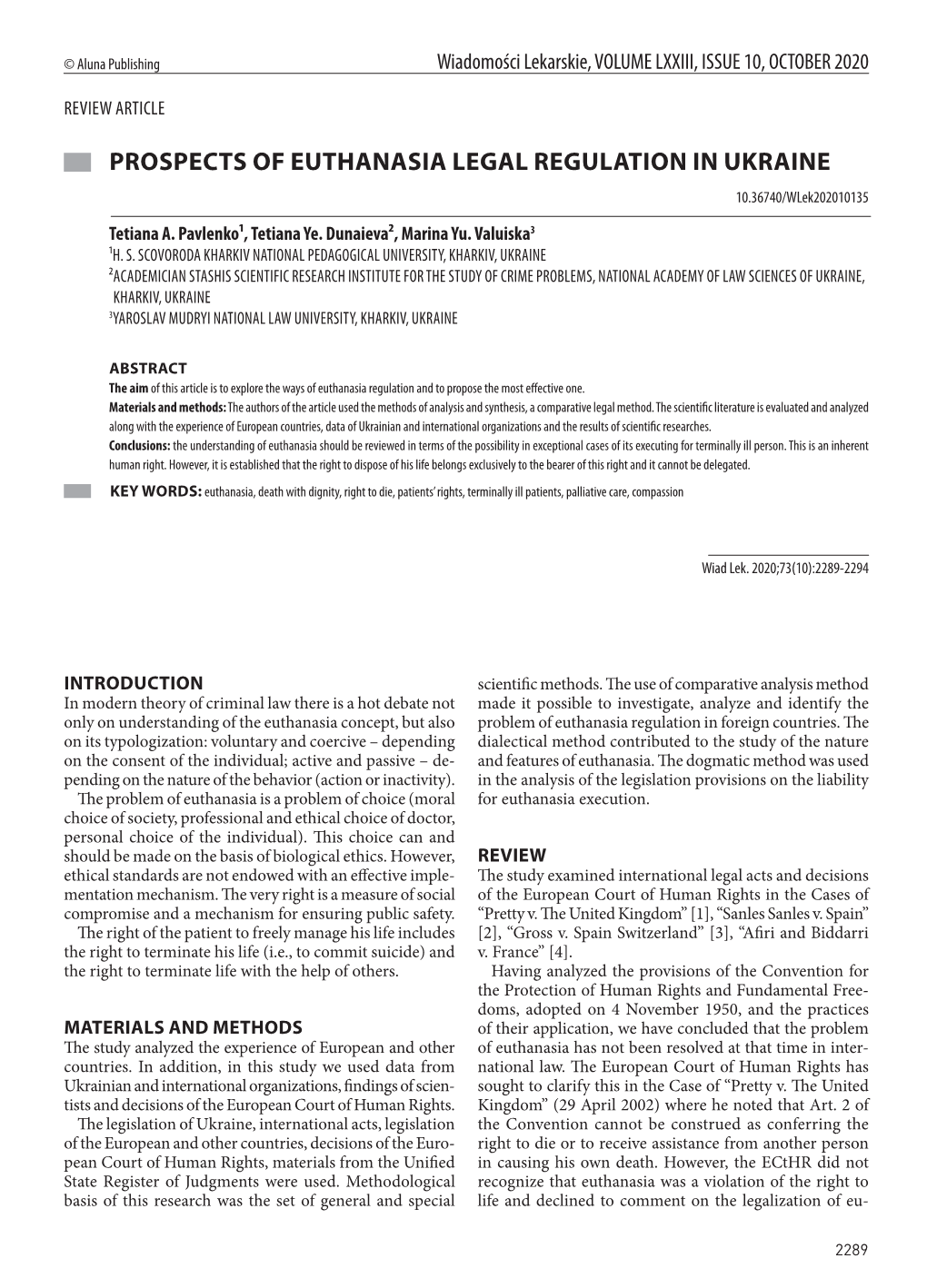 PROSPECTS of EUTHANASIA LEGAL REGULATION in UKRAINE 10.36740/Wlek202010135