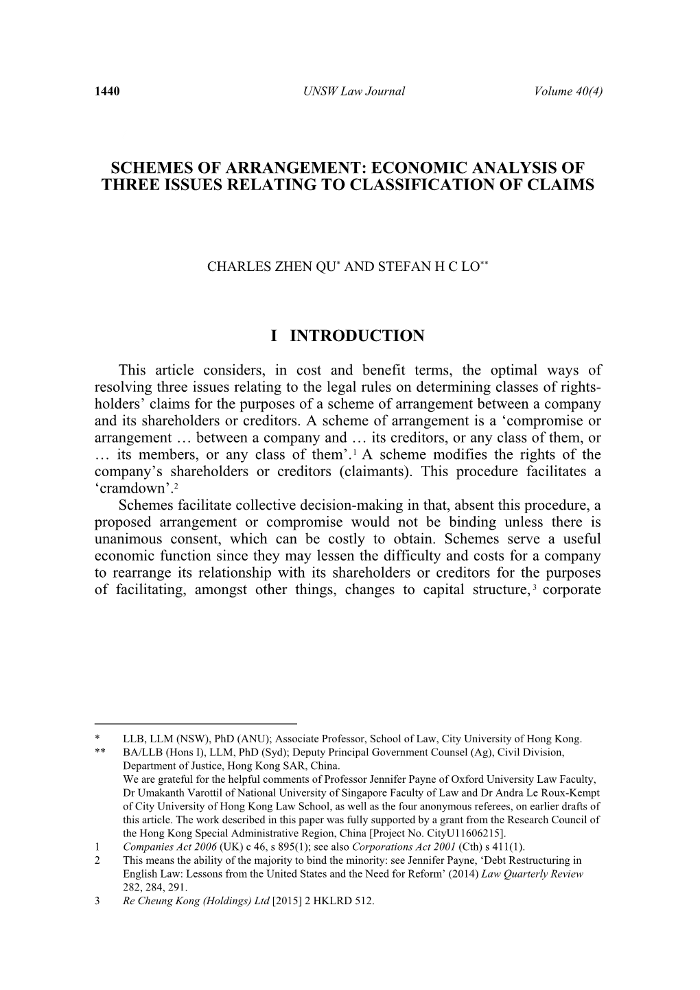 Schemes of Arrangement: Economic Analysis of Three Issues Relating to Classification of Claims