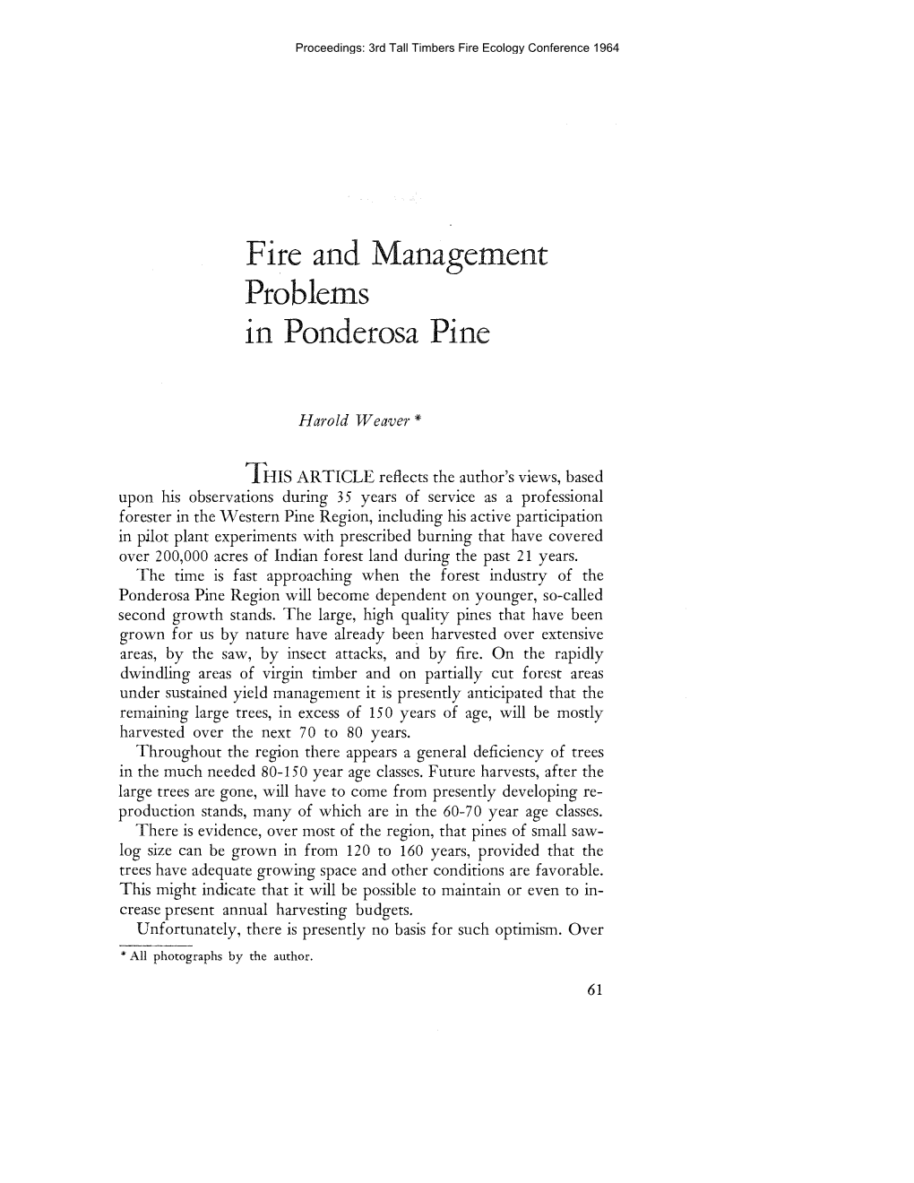 Fire and Management Problems in Ponderosa Pine