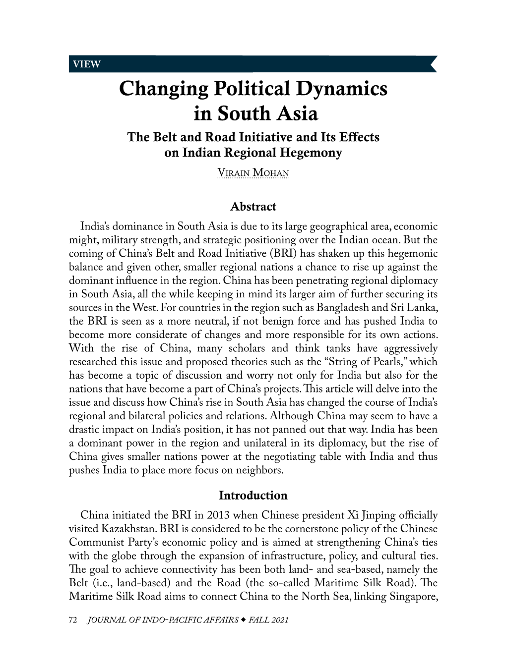 Changing Political Dynamics in South Asia the Belt and Road Initiative and Its Effects on Indian Regional Hegemony