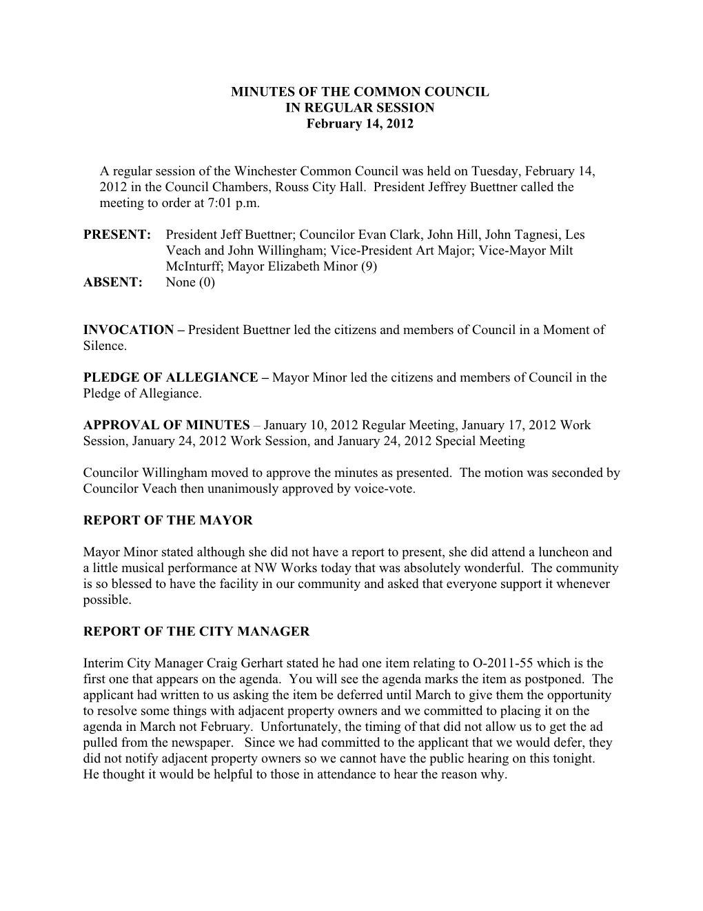 MINUTES of the COMMON COUNCIL in REGULAR SESSION February 14, 2012