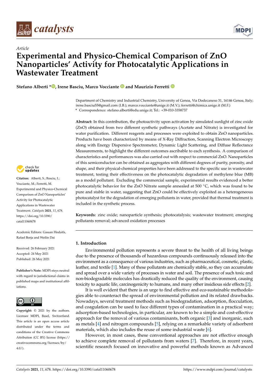 Experimental and Physico-Chemical Comparison of Zno Nanoparticles’ Activity for Photocatalytic Applications in Wastewater Treatment