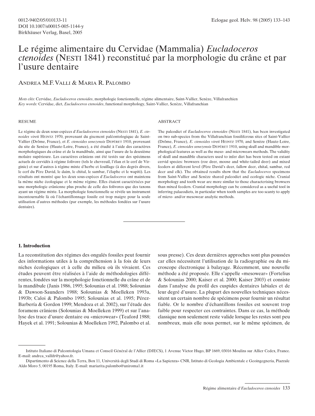 Le Régime Alimentaire Du Cervidae (Mammalia) Eucladoceros Ctenoides (NESTI 1841) Reconstitué Par La Morphologie Du Crâne Et Par L’Usure Dentaire