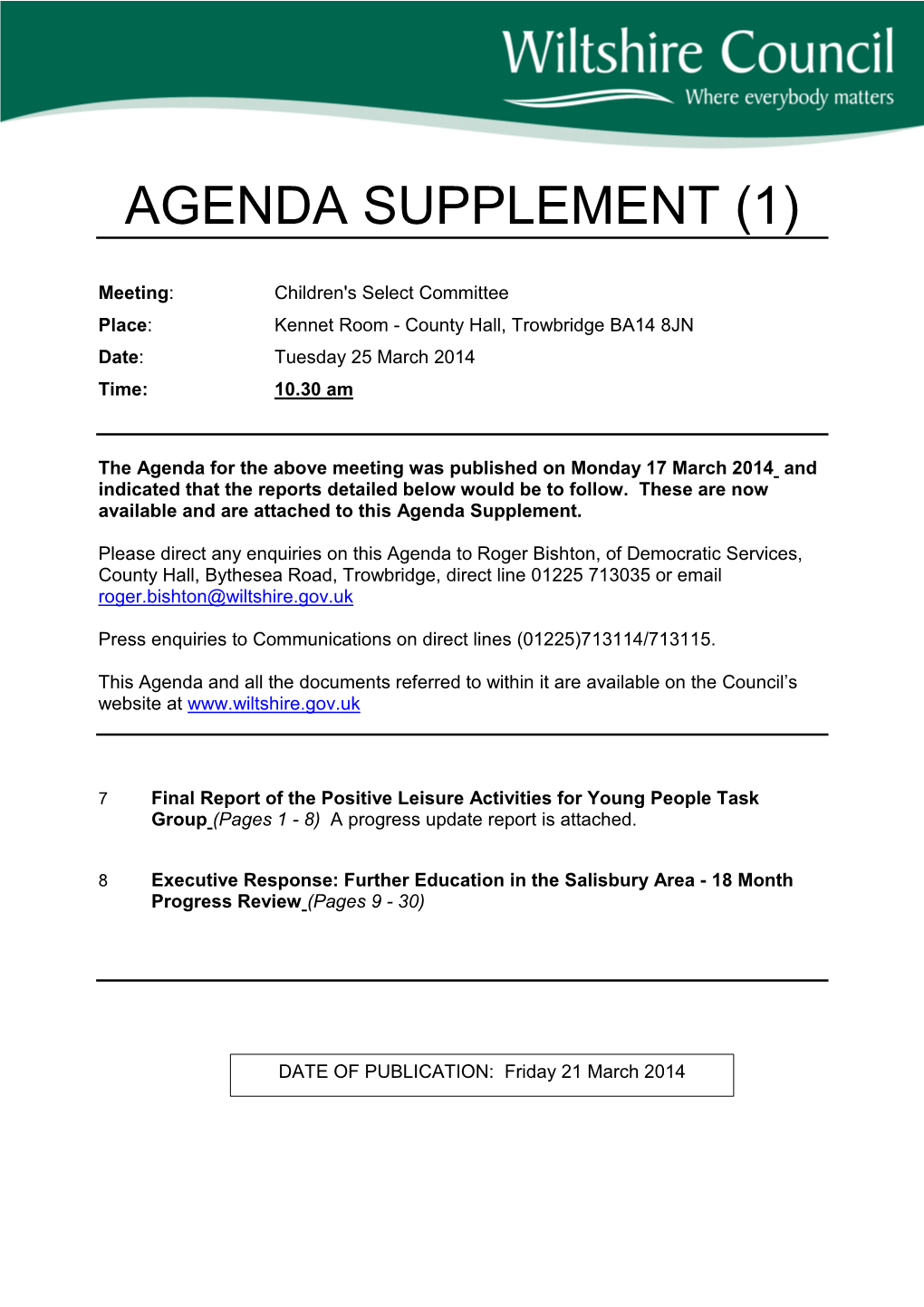 (Public Pack)Supplement 1 Agenda Supplement For