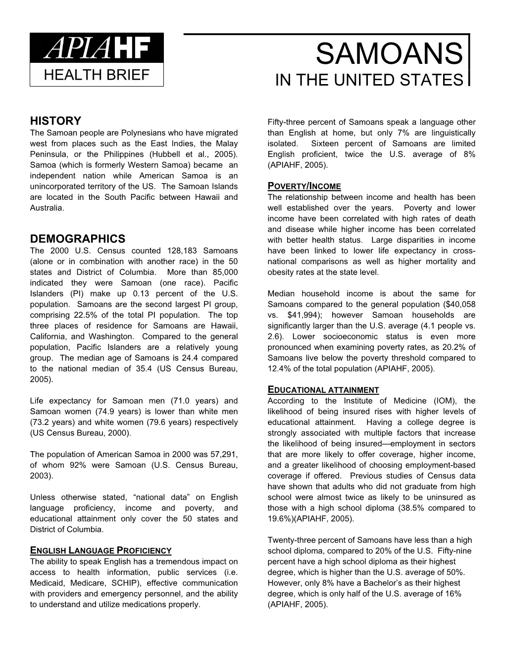 Samoans Health Brief in the United States