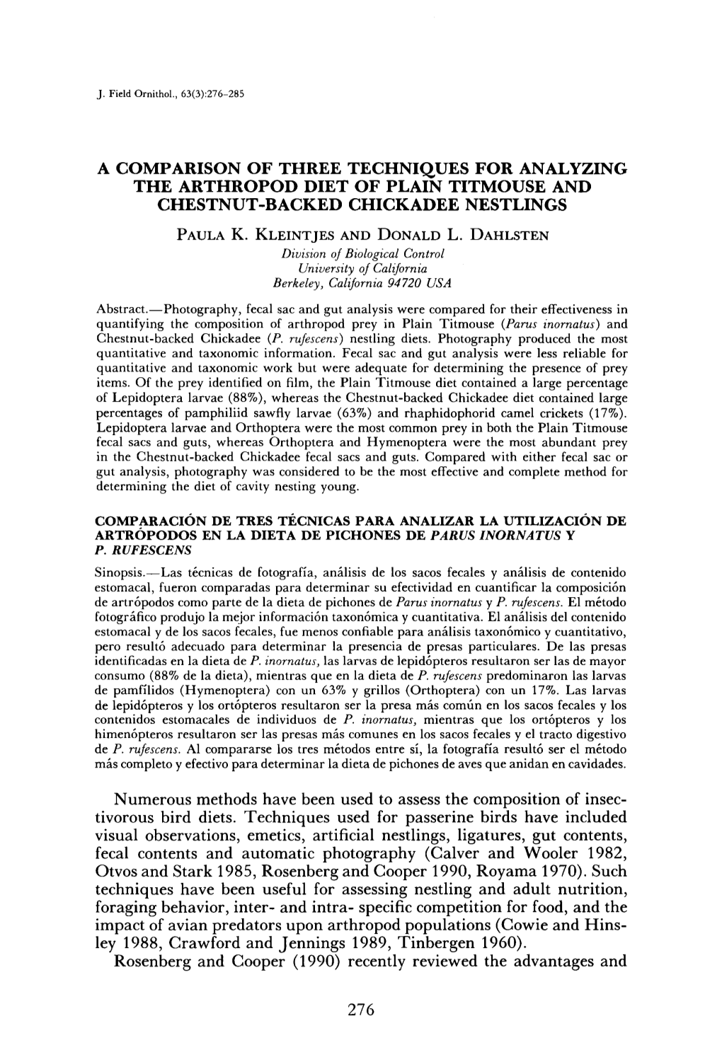 A Comparison of Three Techniques for Analyzing the Arthropod Diet of Plain Titmouse and Chestnut-Backed Chickadee Nestlings