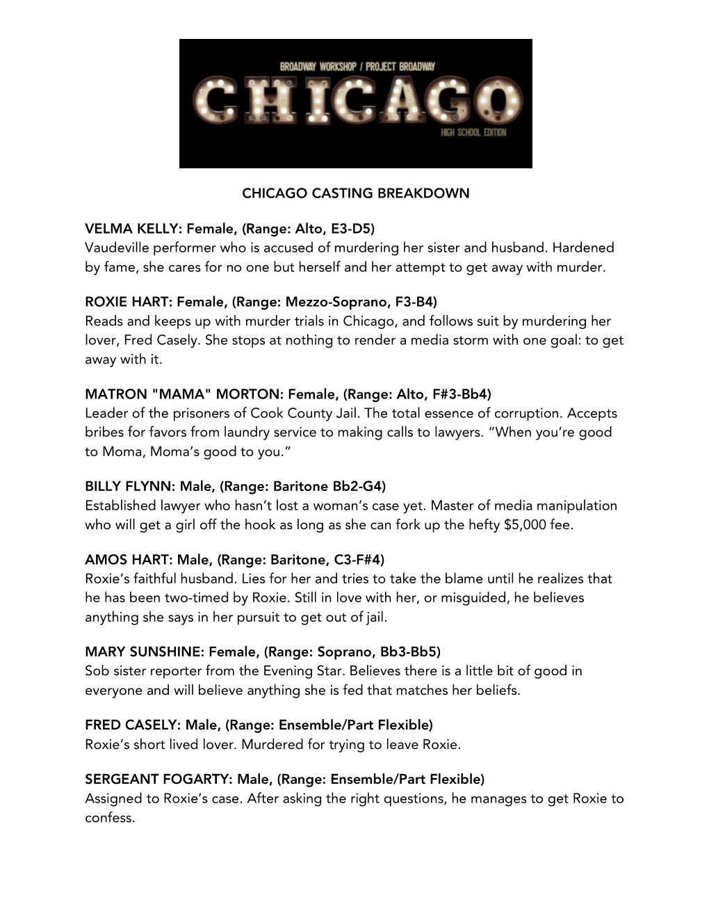 Chicago Casting Breakdown Velma Kelly