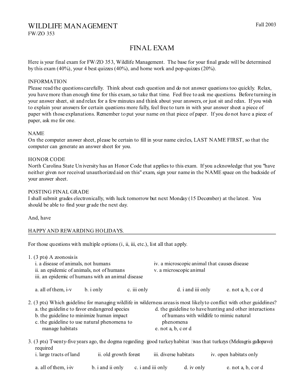 Wildlife Management Final Exam