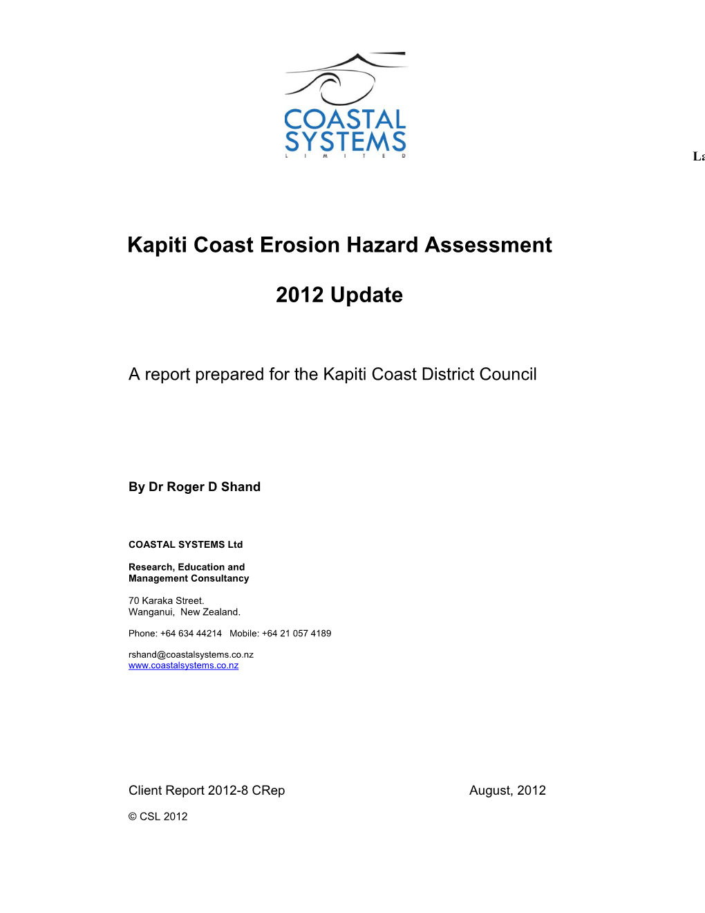 Kapiti Coast Erosion Hazard Assessment 2012 Update