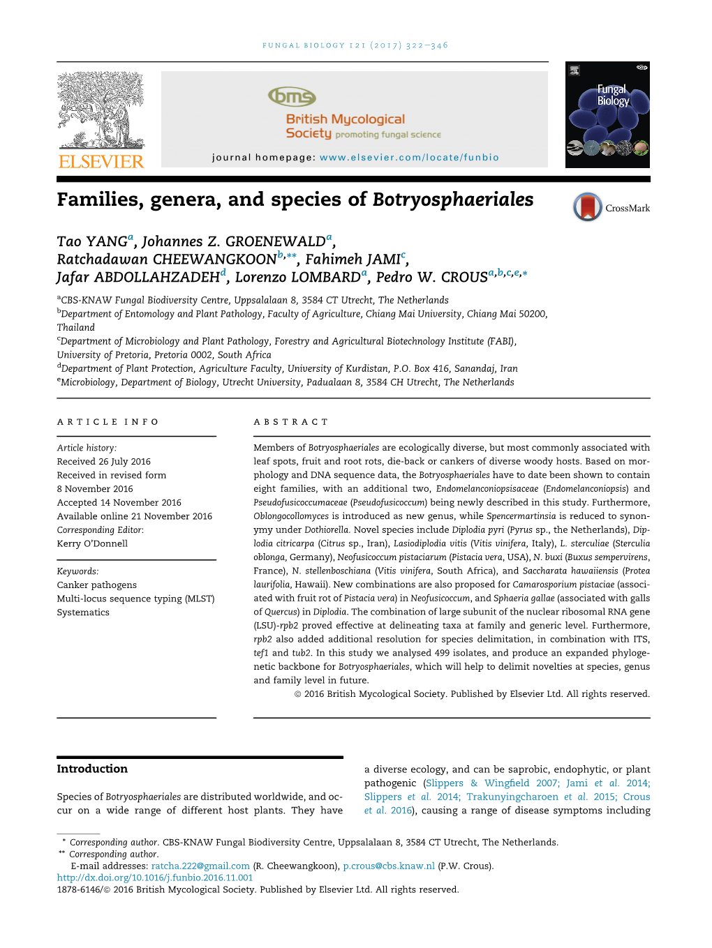 Families, Genera, and Species of Botryosphaeriales