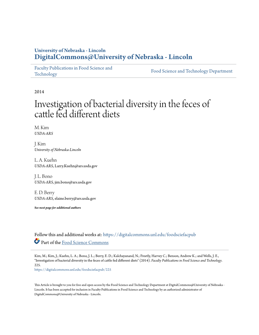 Investigation of Bacterial Diversity in the Feces of Cattle Fed Different Diets M