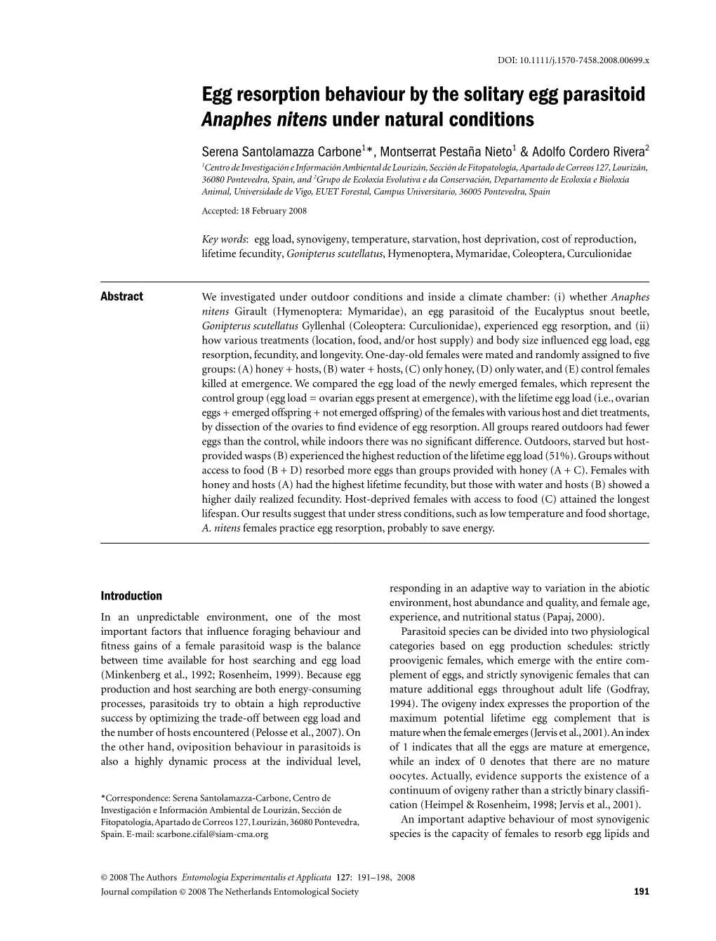 Egg Resorption Behaviour by the Solitary Egg Parasitoid Anaphes