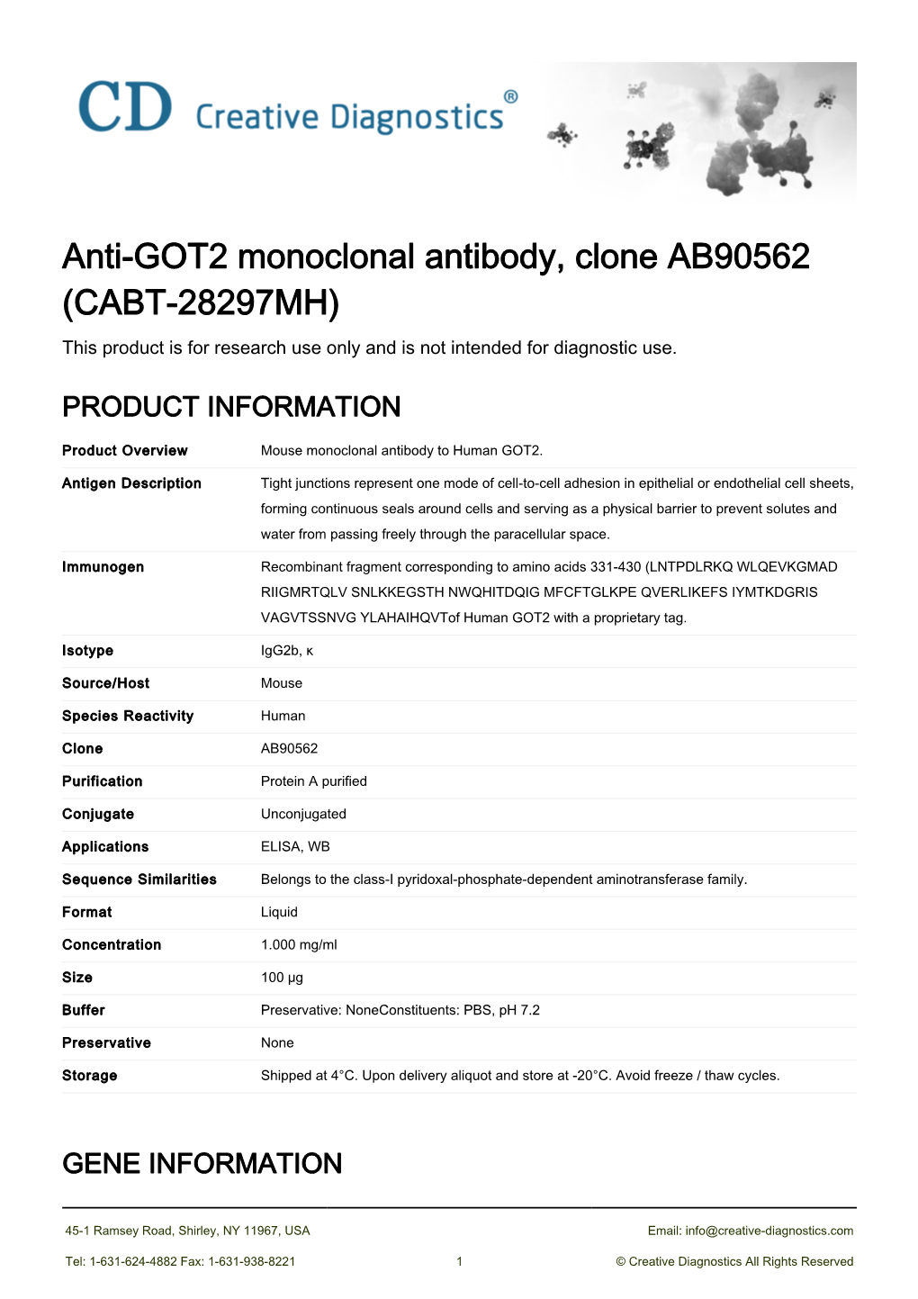 Anti-GOT2 Monoclonal Antibody, Clone AB90562 (CABT-28297MH) This Product Is for Research Use Only and Is Not Intended for Diagnostic Use