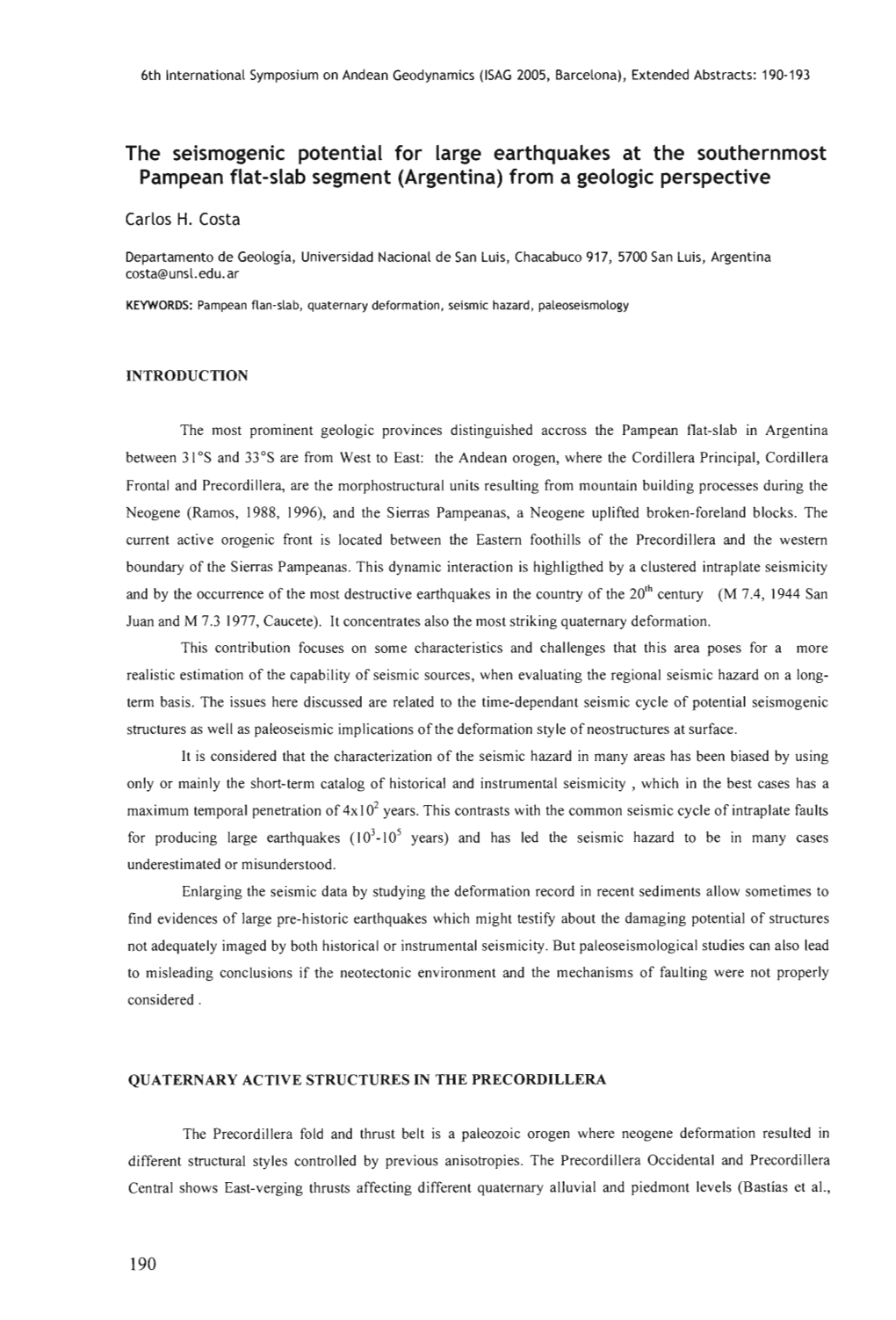 The Seismogenic Potential for a Large Earthquakes at the Southernmost Pampean Flat-Slab Segment (Argentina) Form a Geologic Pers