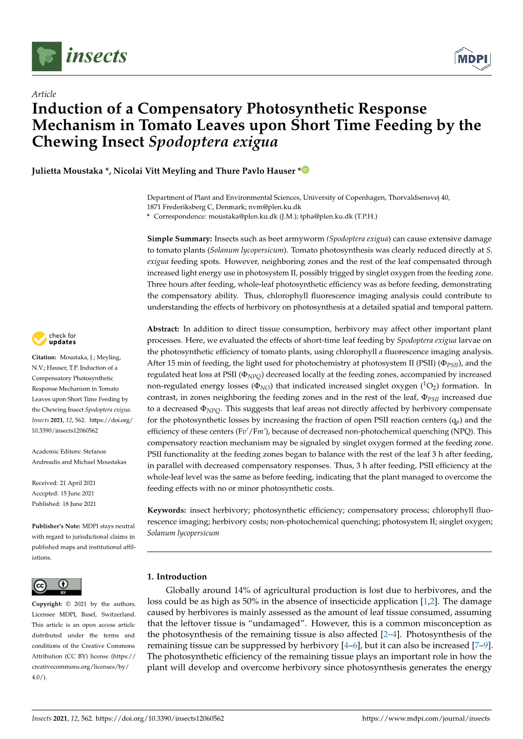 Induction of a Compensatory Photosynthetic Response Mechanism in Tomato Leaves Upon Short Time Feeding by the Chewing Insect Spodoptera Exigua