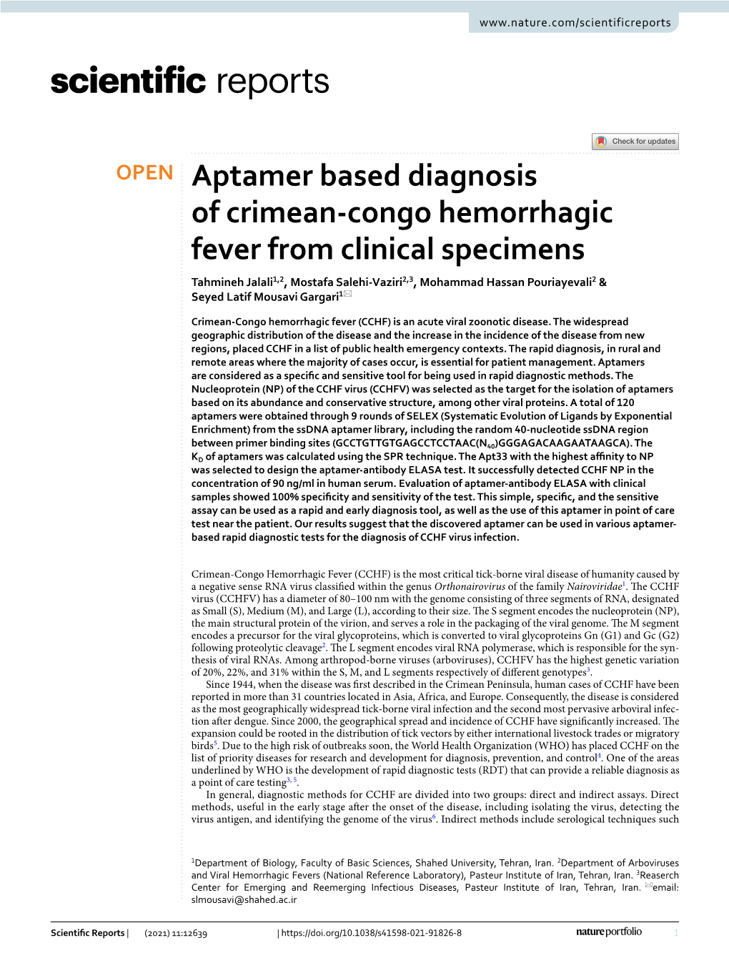 Aptamer Based Diagnosis of Crimean-Congo Hemorrhagic Fever from Clinical Specimens