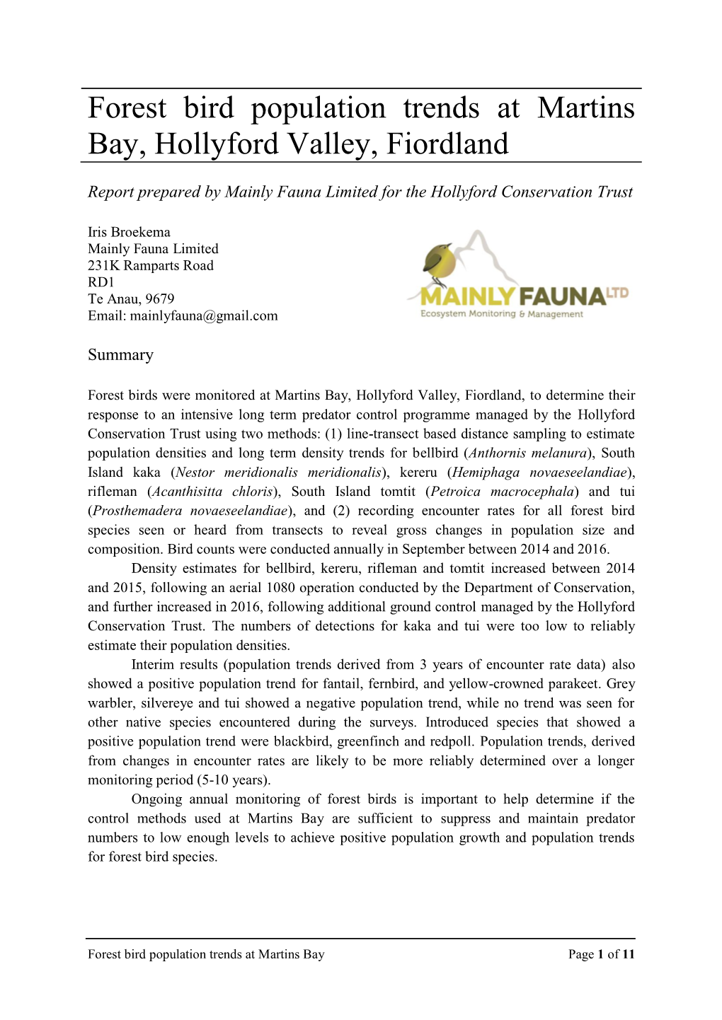 Forest Bird Population Trends at Martins Bay 2016
