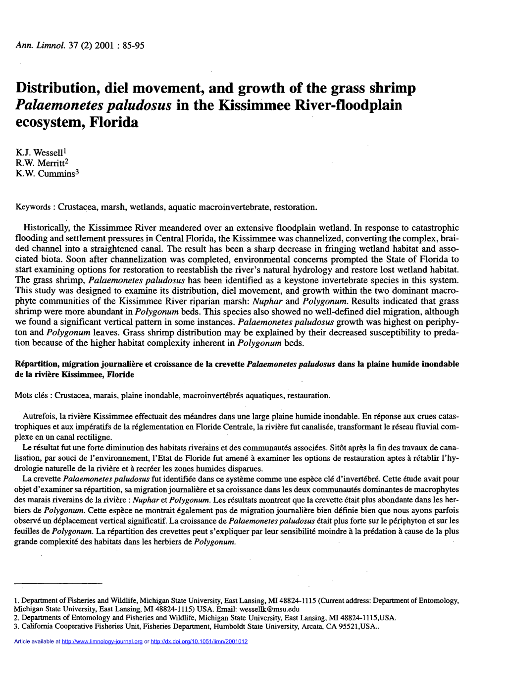 Distribution, Diel Movement, and Growth of the Grass Shrimp Palaemonetes Paludosus in the Kissimmee River-Floodplain Ecosystem, Florida