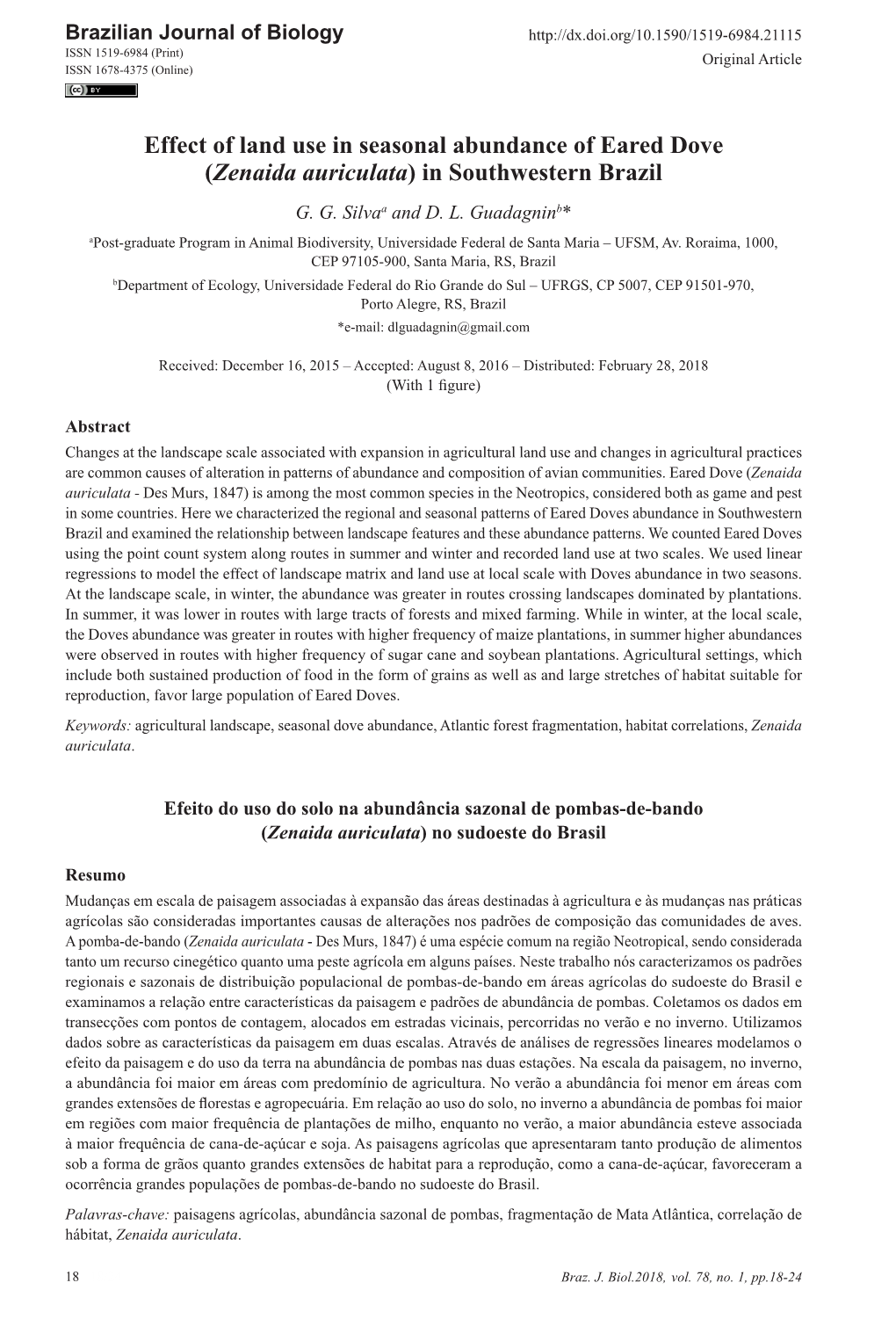 Effect of Land Use in Seasonal Abundance of Eared Dove (Zenaida Auriculata) in Southwestern Brazil G