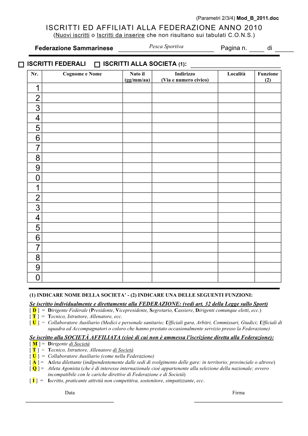 ISCRITTI ED AFFILIATI ALLA FEDERAZIONE ANNO 2010 (Nuovi Iscritti O Iscritti Da Inserire Che Non Risultano Sui Tabulati C.O.N.S.)