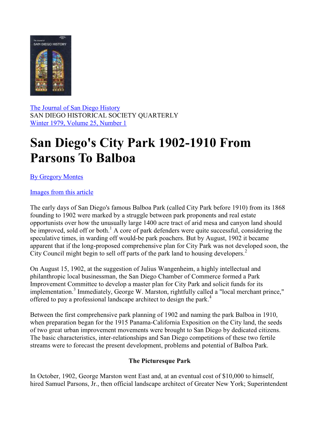 San Diego's City Park 1902-1910 from Parsons to Balboa