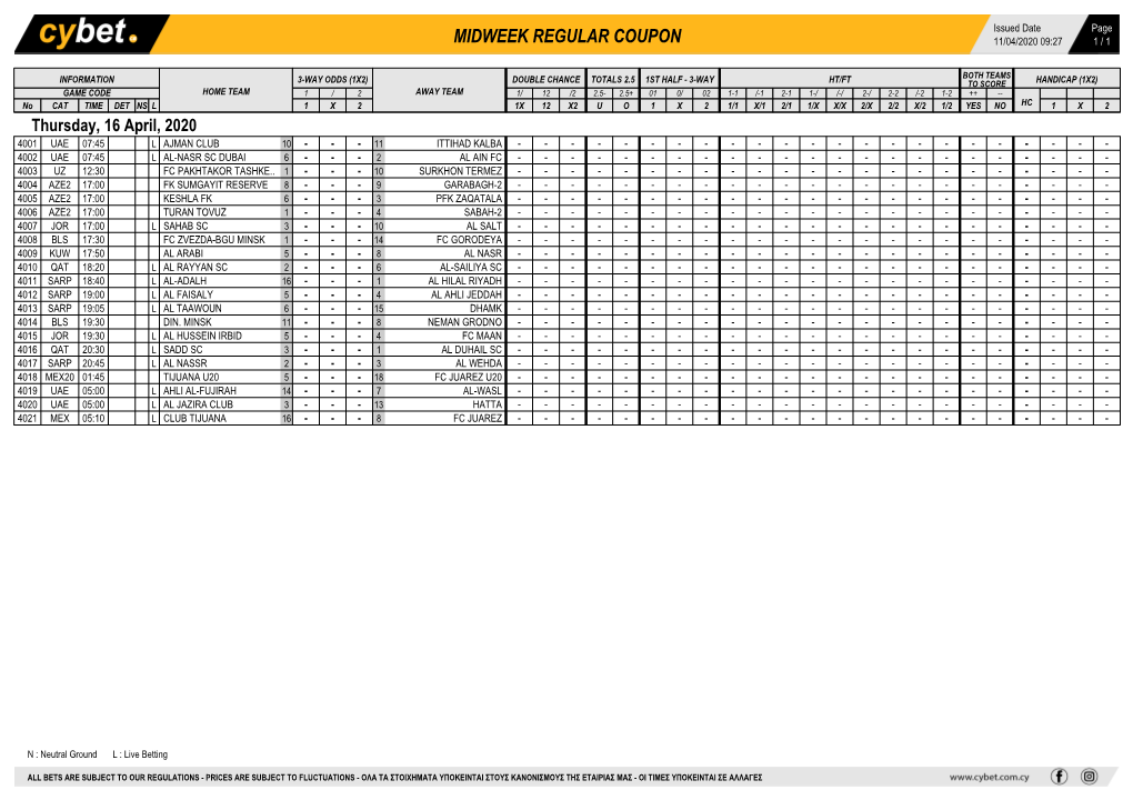 Midweek Regular Coupon 11/04/2020 09:27 1 / 1