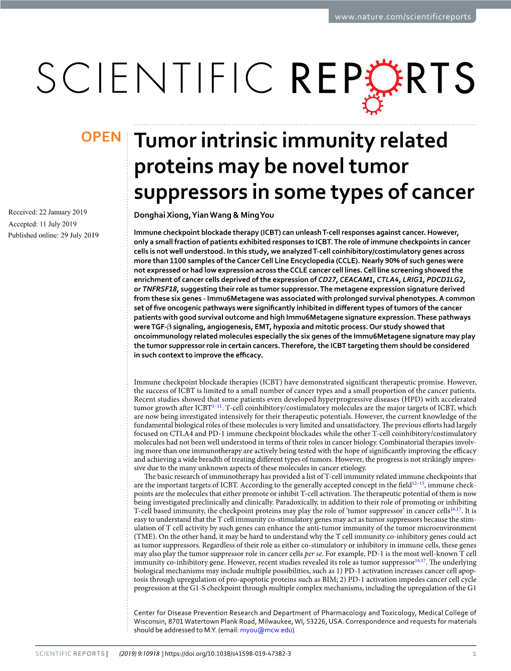 Tumor Intrinsic Immunity Related Proteins May Be Novel