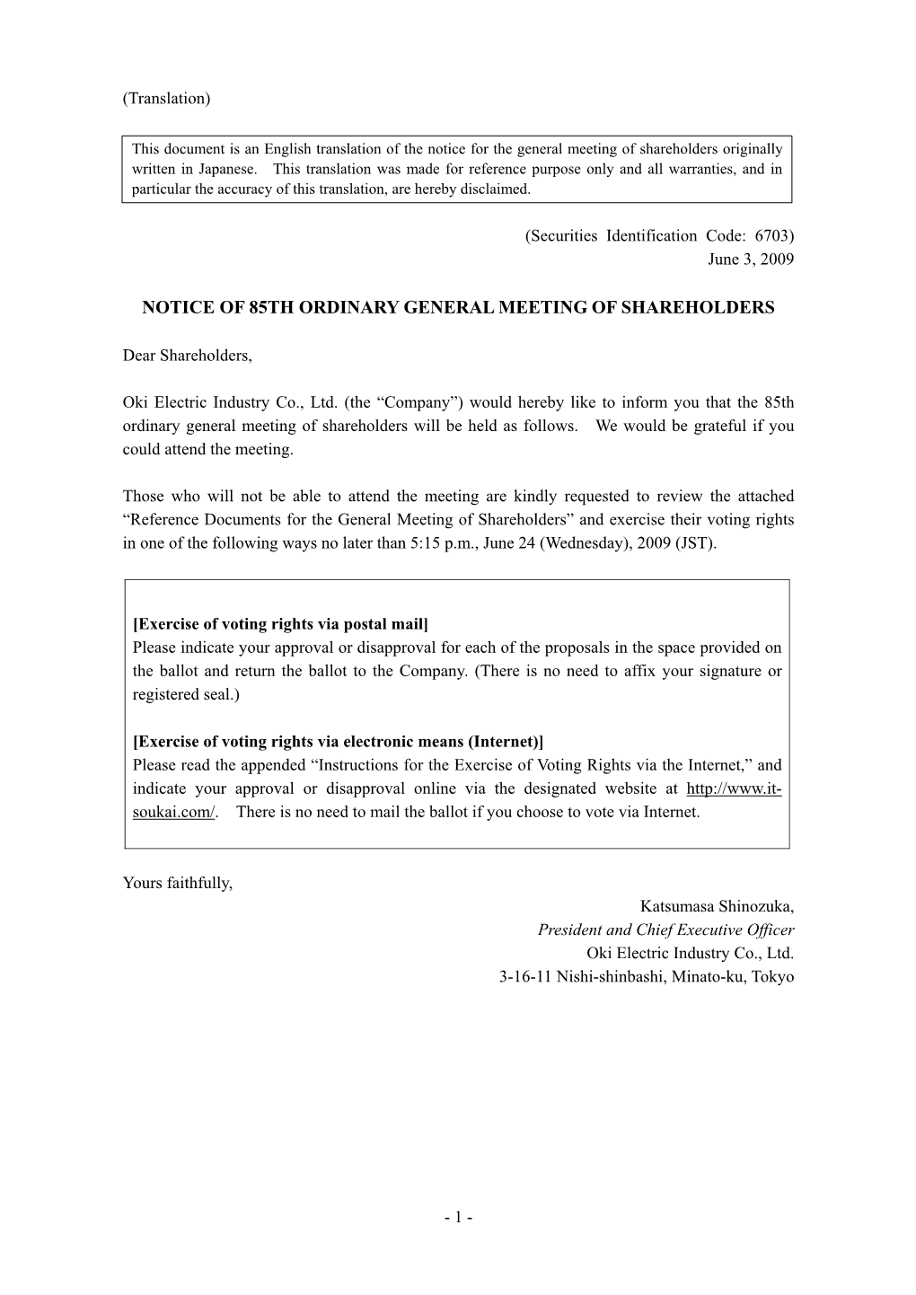Notice of 85Th Ordinary General Meeting of Shareholders