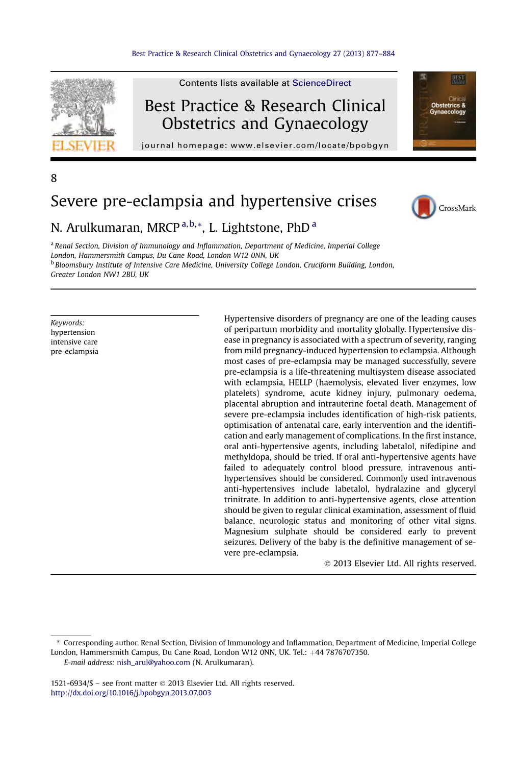 Severe Pre-Eclampsia and Hypertensive Crises