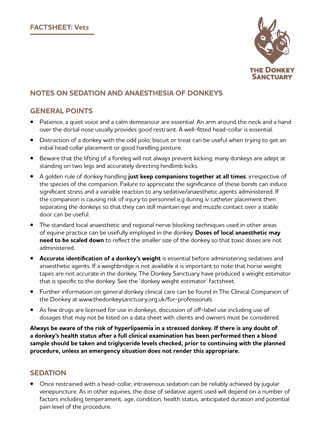 Notes on Sedation and Anaesthesia of Donkeys