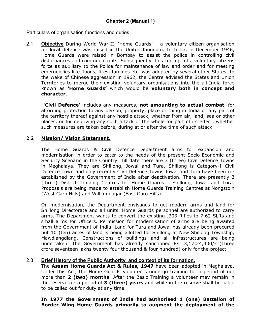 Chapter 2 (Manual 1) Particulars of Organisation Functions and Duties