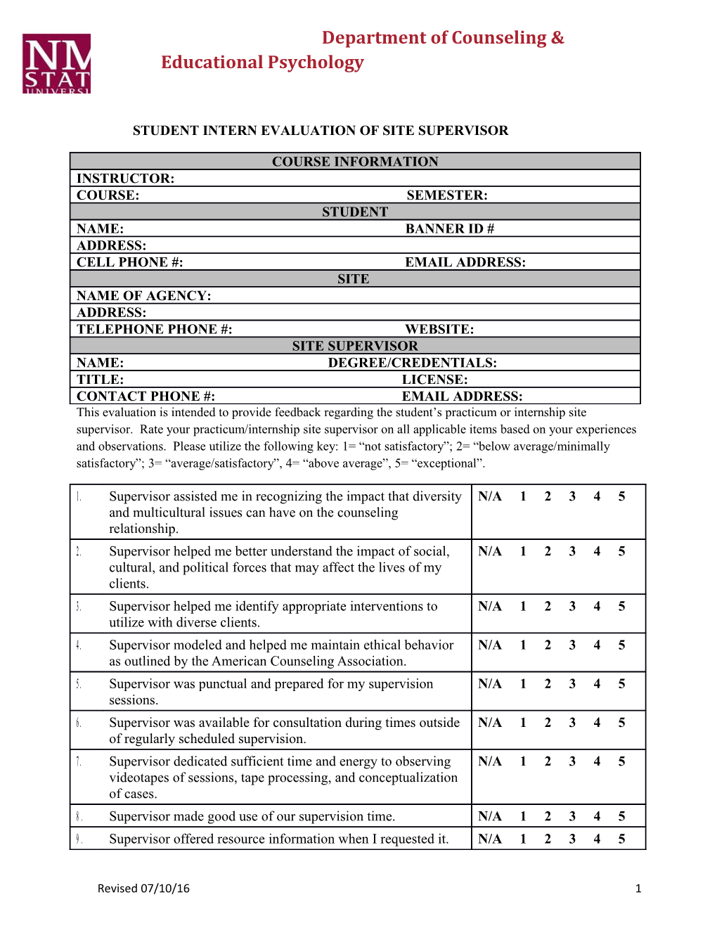 Student Intern Evaluation of Site Supervisor