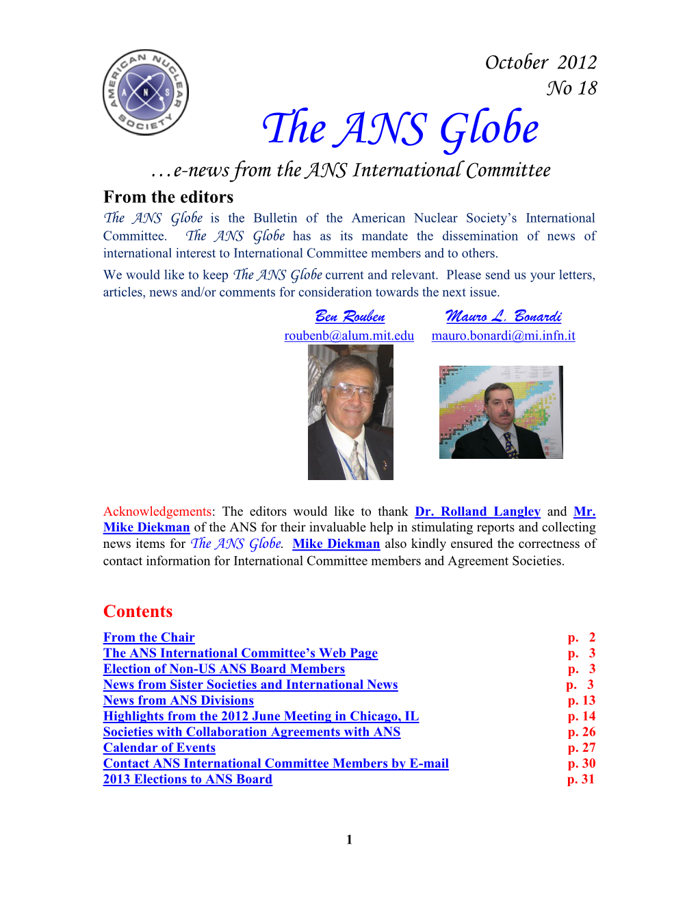 The ANS Globe …E-News from the ANS International Committee