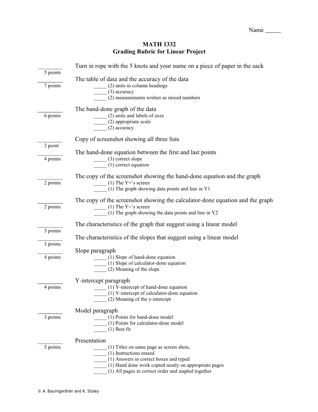 Grading Rubric for Linear Project