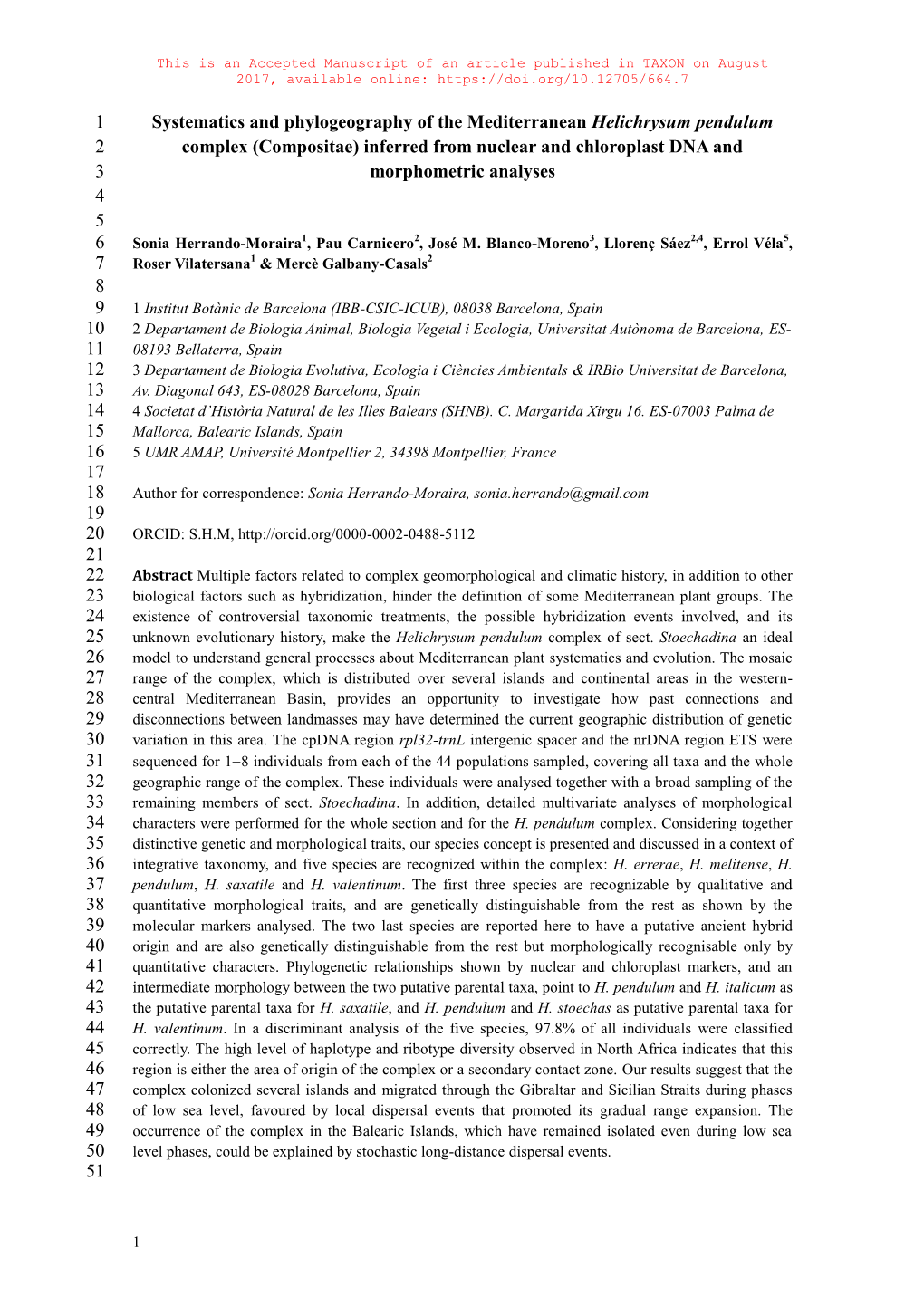 Systematics and Phylogeography of the Mediterranean Helichrysum