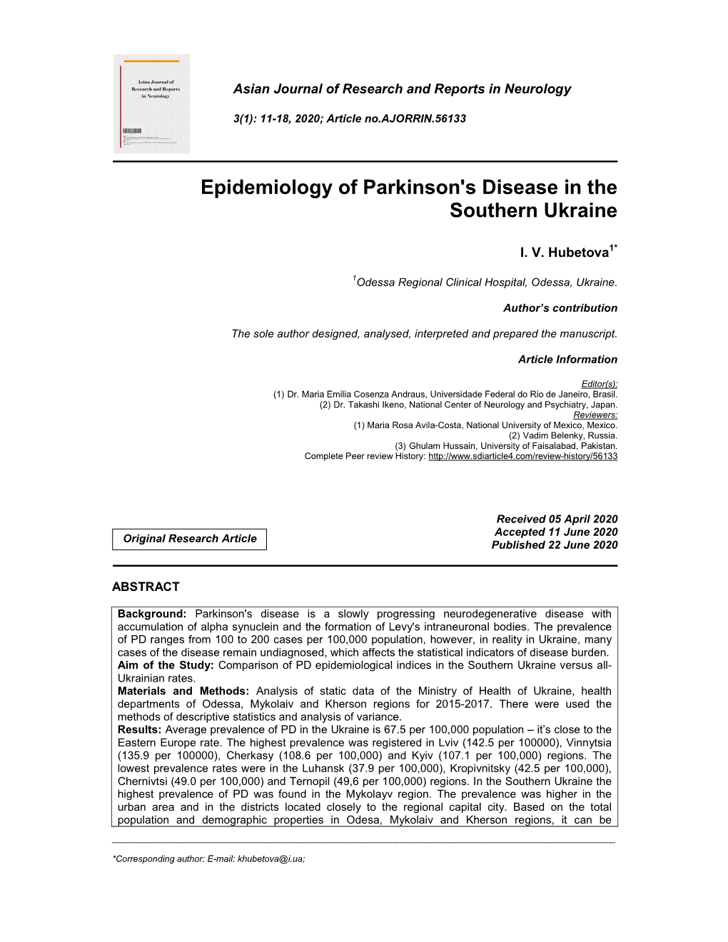 Epidemiology of Parkinson's Disease in the Southern Ukraine