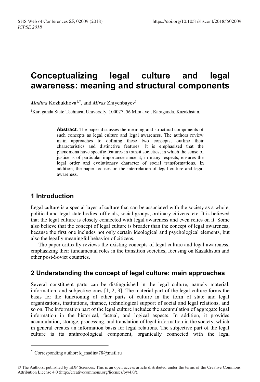 Conceptualizing Legal Culture and Legal Awareness: Meaning and Structural Components