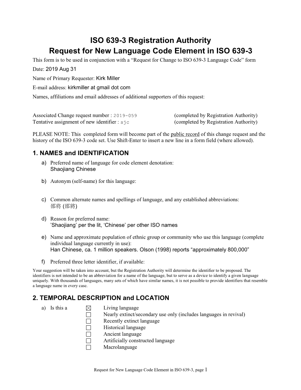 ISO 639-3 New Code Request